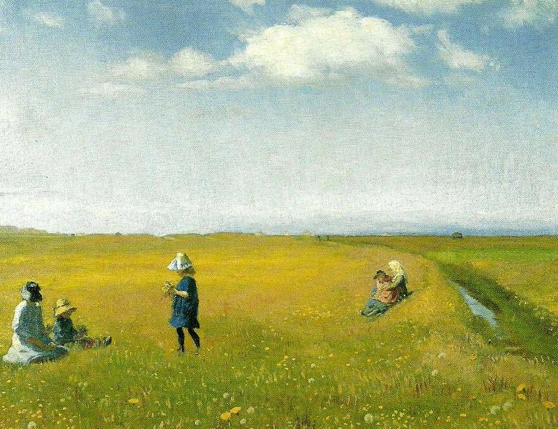 Michael Ancher born og unge piger plukker blomster pa en mark nord for skagen Spain oil painting art